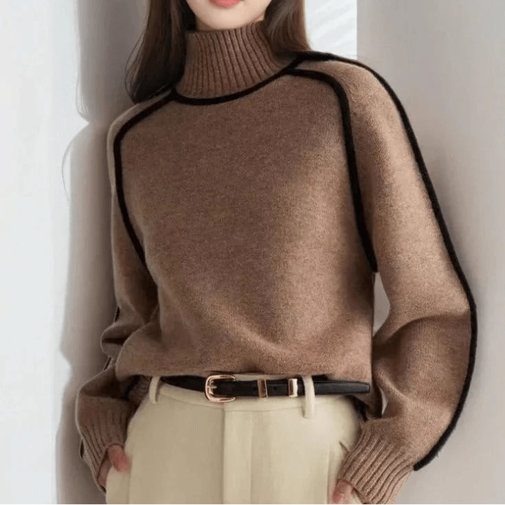 Solène High-Neck Knitted Jumper with Contrast Piping Detail
