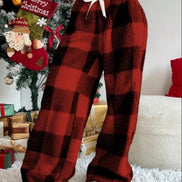 Women's Plush Plaid Wide-Leg Fleece Lounge Trousers