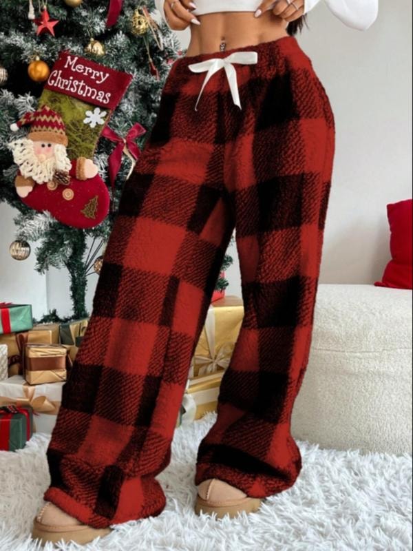 Women's Plush Plaid Wide-Leg Fleece Lounge Trousers