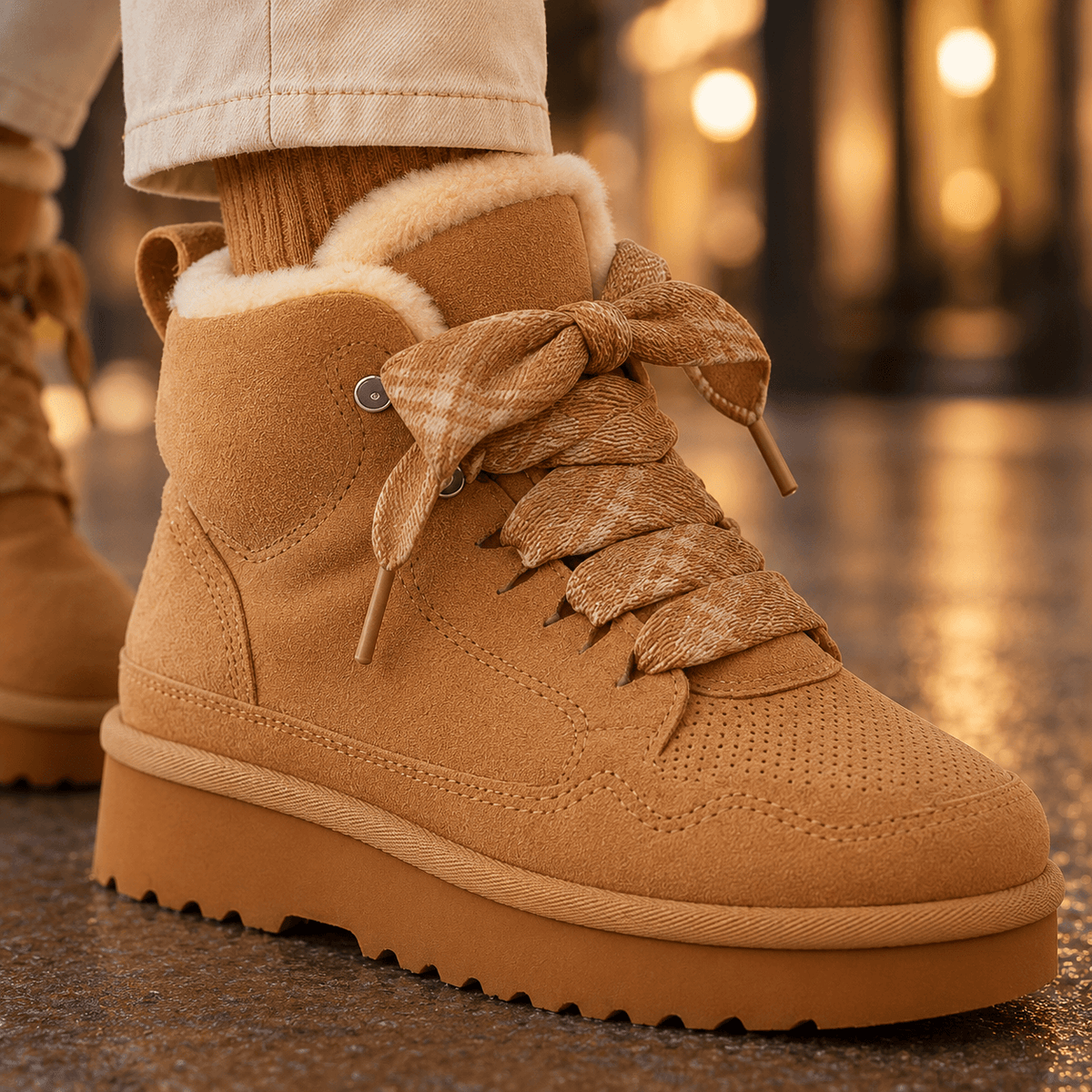 Women's Shearling-Lined Suede-Look Winter Ankle Boots with Platform Sole