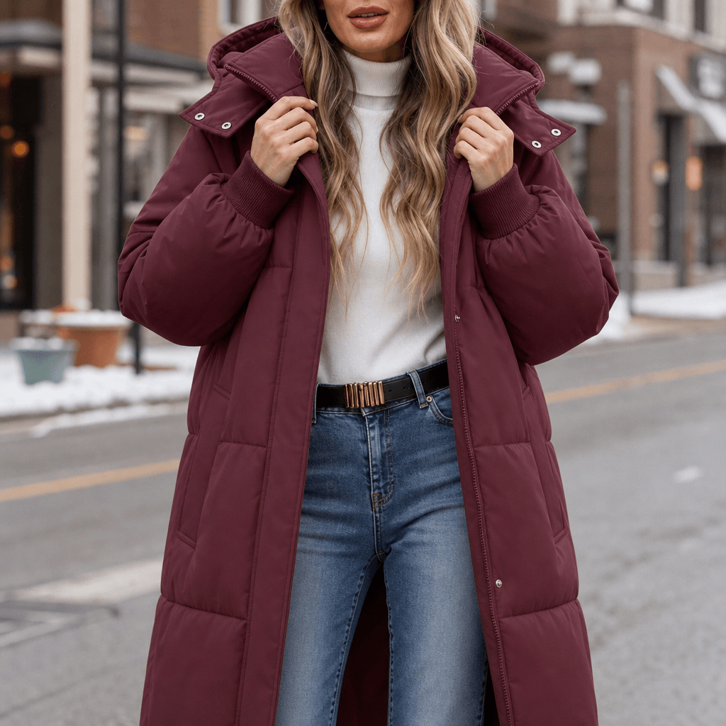 Women's Long Hooded Quilted Puffer Jacket with Pockets in Polyester
