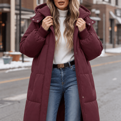 Women's Long Hooded Quilted Puffer Jacket with Pockets in Polyester