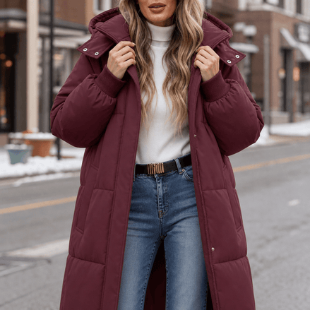 Women's Long Hooded Quilted Puffer Jacket with Pockets in Polyester