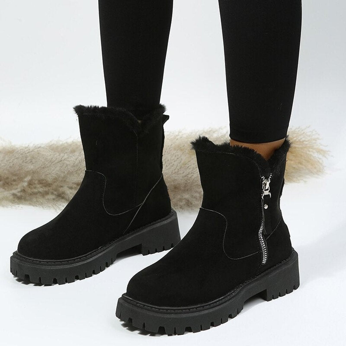 Amelie Fur-Lined Faux Suede Women's Winter Ankle Boots with Side Zip