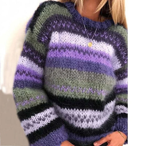 Drune Striped Fair Isle Crew Neck Wool Blend Knitted Jumper for Women