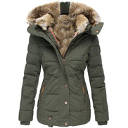 Faux Fur Hooded Puffer Winter Jacket with Detachable Trim for Women
