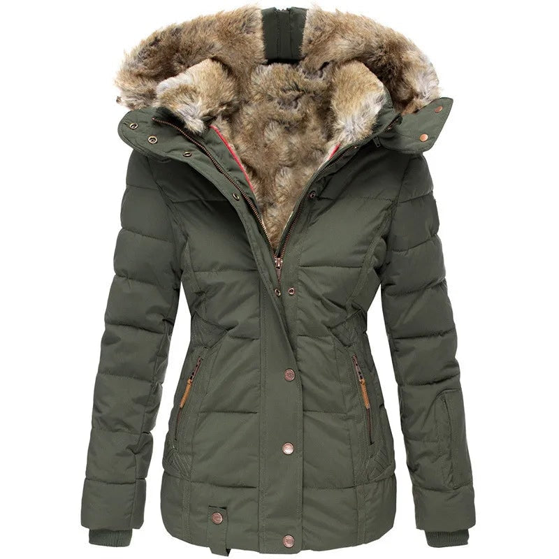 Faux Fur Hooded Puffer Winter Jacket with Detachable Trim for Women