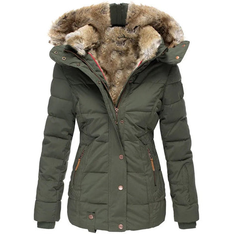 Faux Fur Hooded Puffer Winter Jacket with Detachable Trim for Women