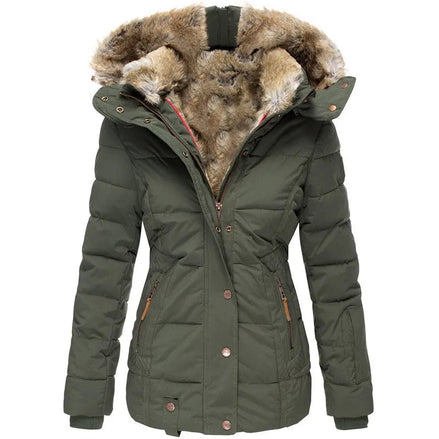 Faux Fur Hooded Puffer Winter Jacket with Detachable Trim for Women