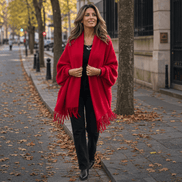 Fringe-Trim Draped Shawl Collar Open-Front Wool Winter Coat for Women