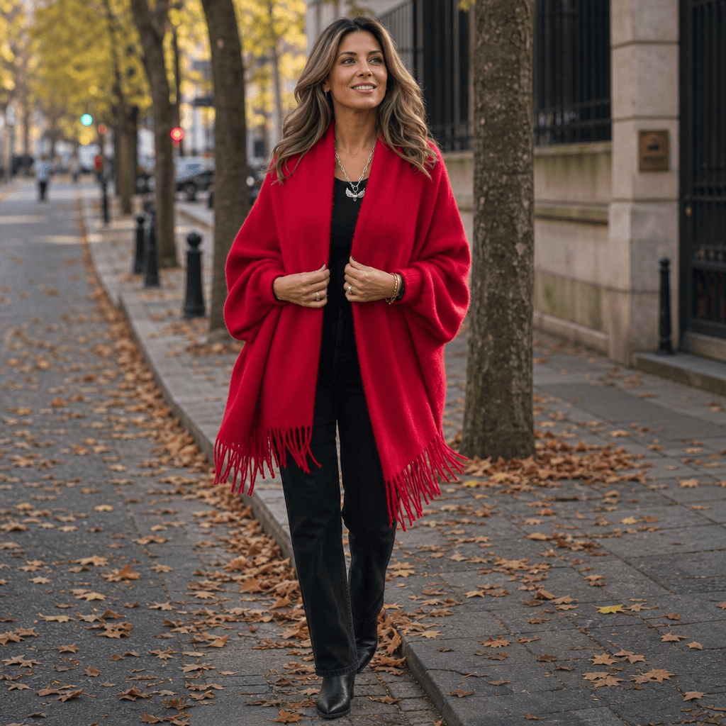 Fringe-Trim Draped Shawl Collar Open-Front Wool Winter Coat for Women