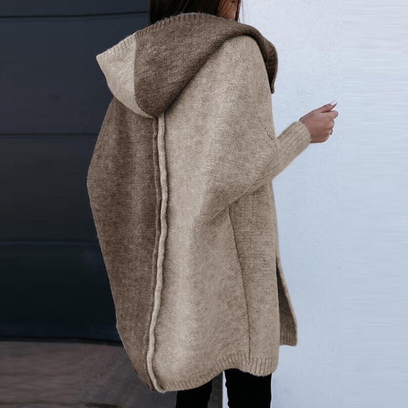 Women's Hooded Patchwork Wool Knitted Cardigan with Open Front