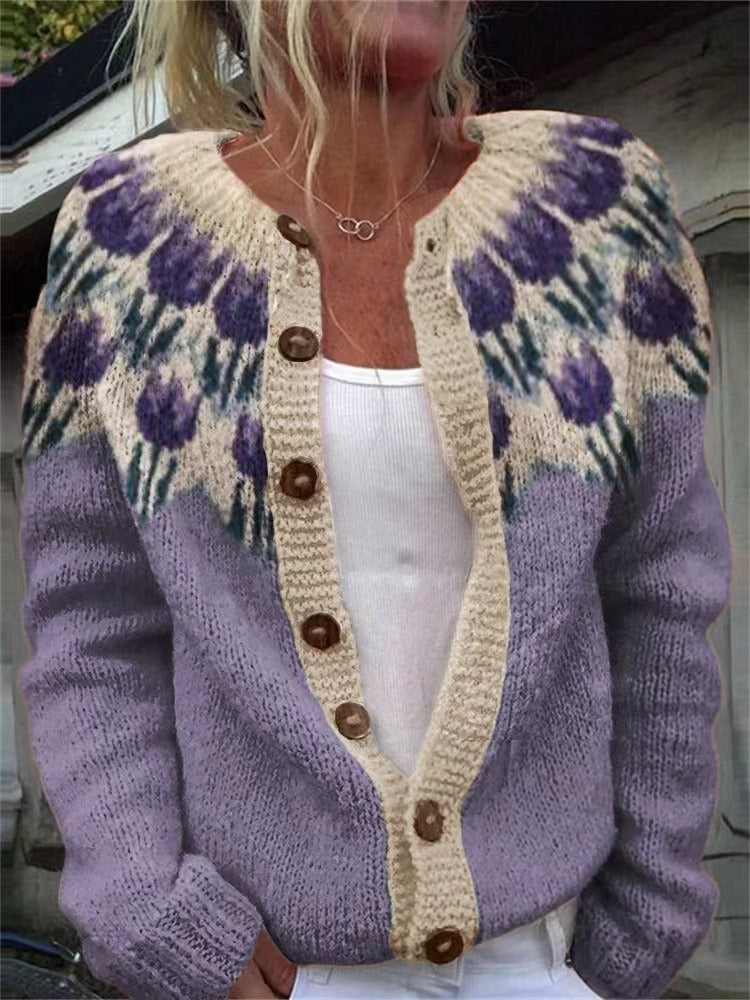 Josephine Women's Fair Isle Yoke Knitted Cardigan with Wooden Buttons