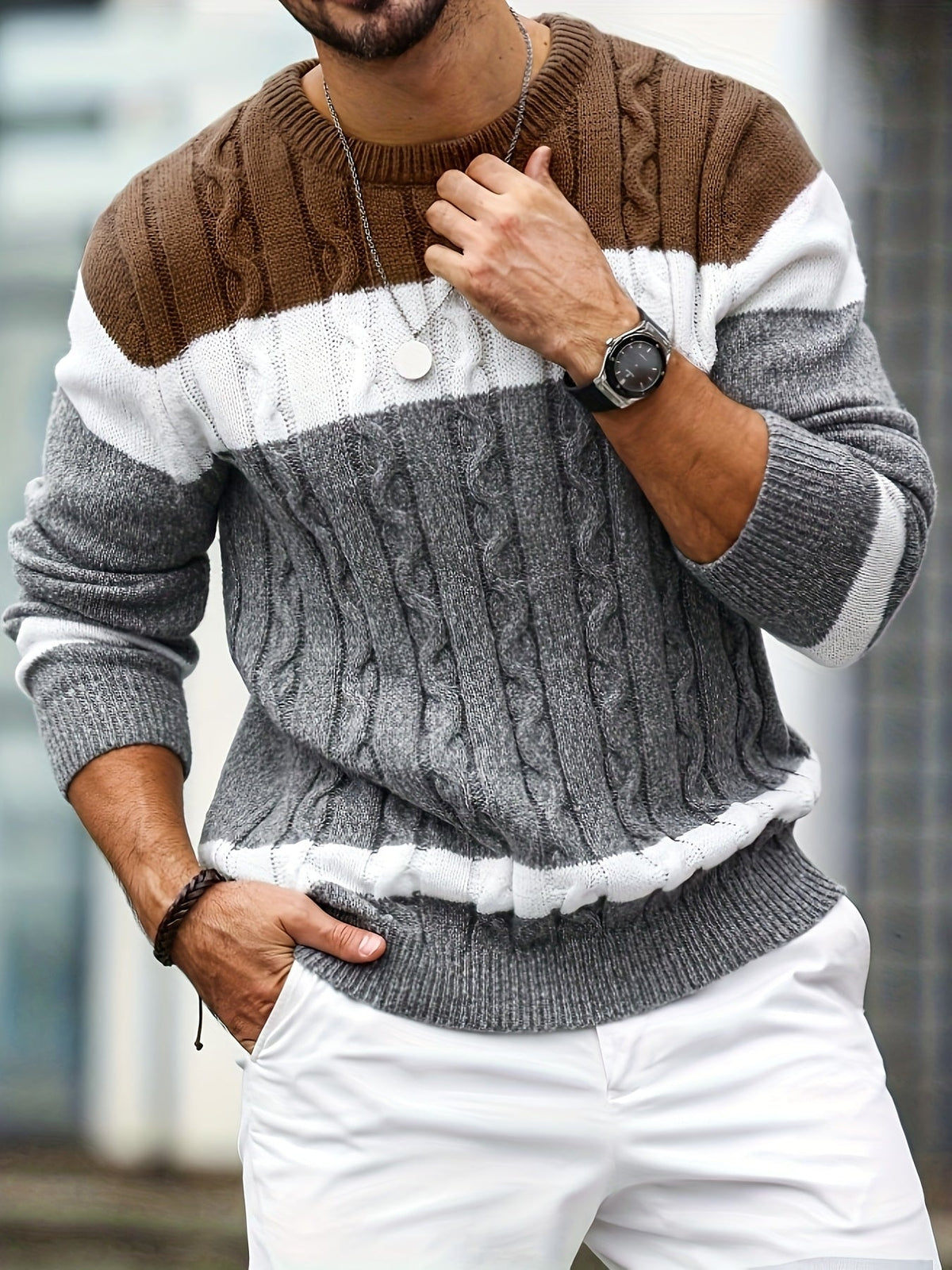 Men's Colour Block Cable-Knit Jumper with Crew Neck