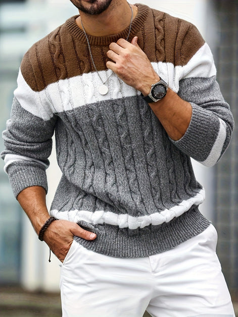 Men's Colour Block Cable-Knit Jumper with Crew Neck