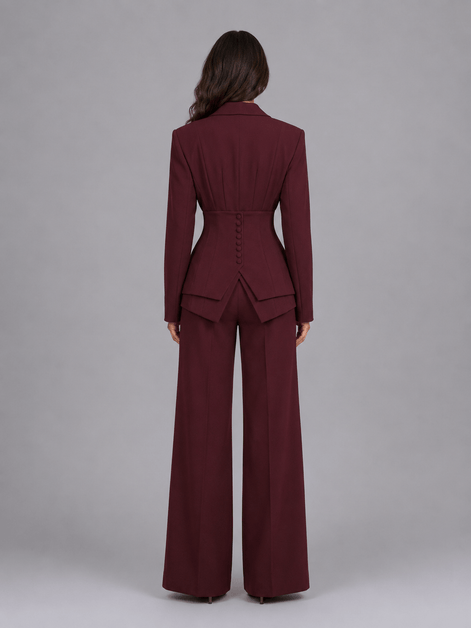 Cinched-Waist Blazer and Wide-Leg Trouser Suit with Tailored Fit