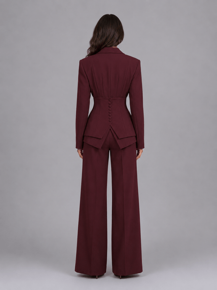 Cinched-Waist Blazer and Wide-Leg Trouser Suit with Tailored Fit
