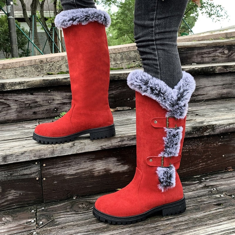 Women's Faux Suede Mid-Calf Snow Boots with Faux Fur Trim and Buckle Detail