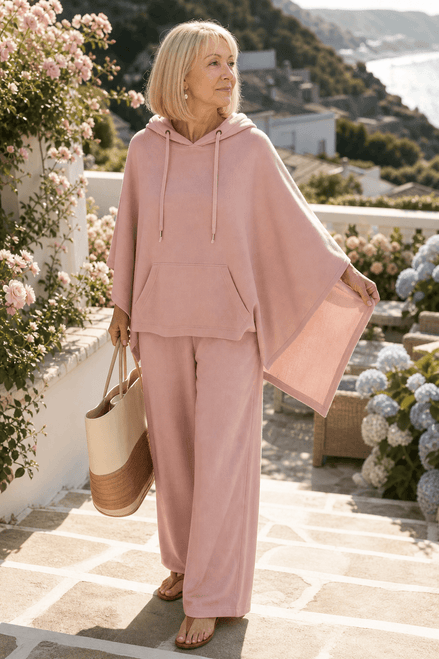 Hooded Cape and Wide-Leg Trouser Loungewear Set for Women