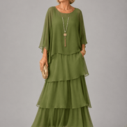 Tiered Chiffon Women's Maxi Dress with Flutter Sleeves and Layered Hem