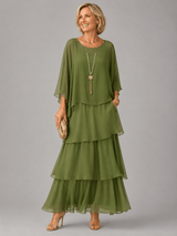 Tiered Chiffon Women's Maxi Dress with Flutter Sleeves and Layered Hem