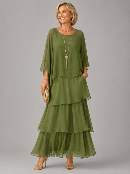 Tiered Chiffon Women's Maxi Dress with Flutter Sleeves and Layered Hem