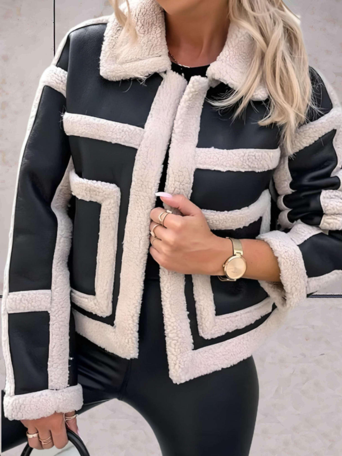 Women's Faux Shearling Panel Jacket with Notch Collar