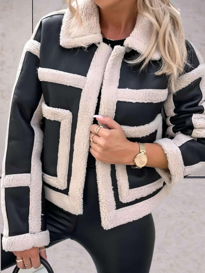 Women's Faux Shearling Panel Jacket with Notch Collar