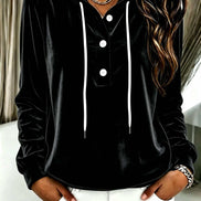 Women's Velvet Hooded Sweatshirt with Button Placket and Drawstring