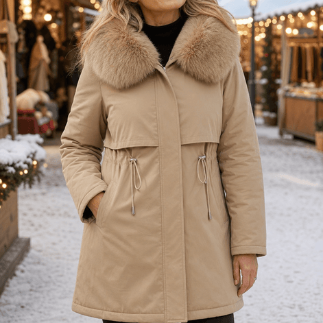 Women's Hooded Mid-Length Parka Coat with Faux-Fur Trim