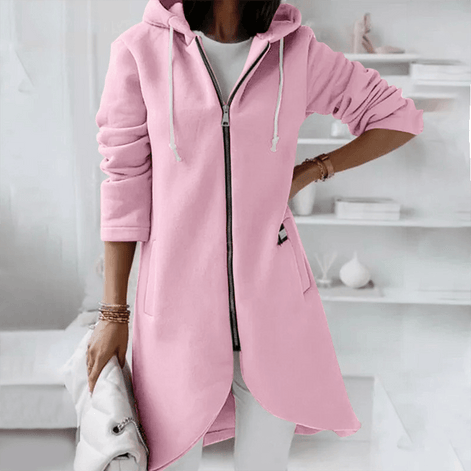 Women's Hooded Longline Zip-Up Fleece Cardigan Coat