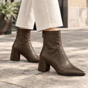 Aldobrandi Pointed-Toe Faux Leather Women's Ankle Boots with Block Heel and Rear Zip