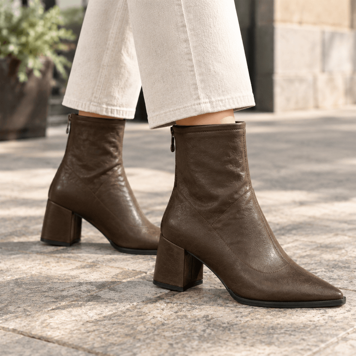 Aldobrandi Pointed-Toe Faux Leather Women's Ankle Boots with Block Heel and Rear Zip
