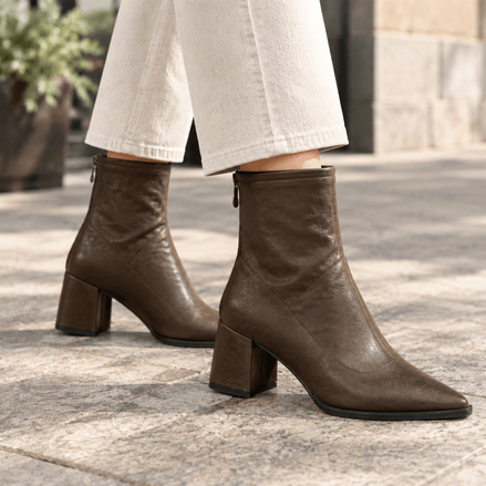 Aldobrandi Pointed-Toe Faux Leather Women's Ankle Boots with Block Heel and Rear Zip