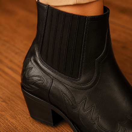 Women's Western Leather Ankle Heeled Boots with Block Heel and Pointed Toe
