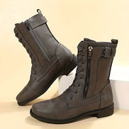 Hazel Lace-Up Combat Boots with Side Zip and Buckle Detail in Faux Leather
