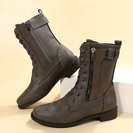 Hazel Lace-Up Combat Boots with Side Zip and Buckle Detail in Faux Leather