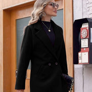 Women's Notch Lapel Double-Breasted Long Wool Winter Coat with Side Pockets