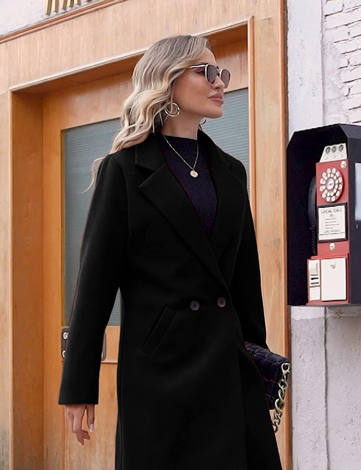 Women's Notch Lapel Double-Breasted Long Wool Winter Coat with Side Pockets