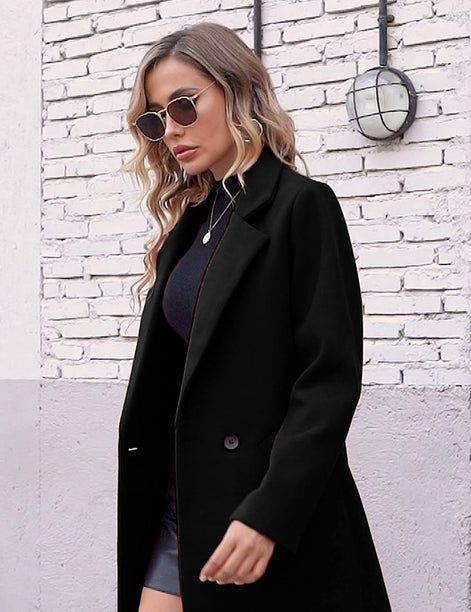 Women's Notch Lapel Double-Breasted Long Wool Winter Coat with Side Pockets