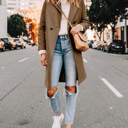 Women's Notch Lapel Double-Breasted Long Wool Winter Coat with Side Pockets