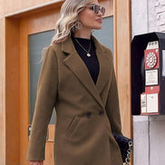 Women's Notch Lapel Double-Breasted Long Wool Winter Coat with Side Pockets