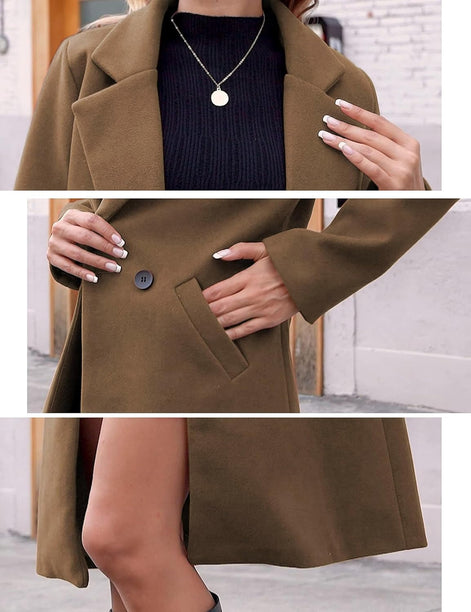 Women's Notch Lapel Double-Breasted Long Wool Winter Coat with Side Pockets