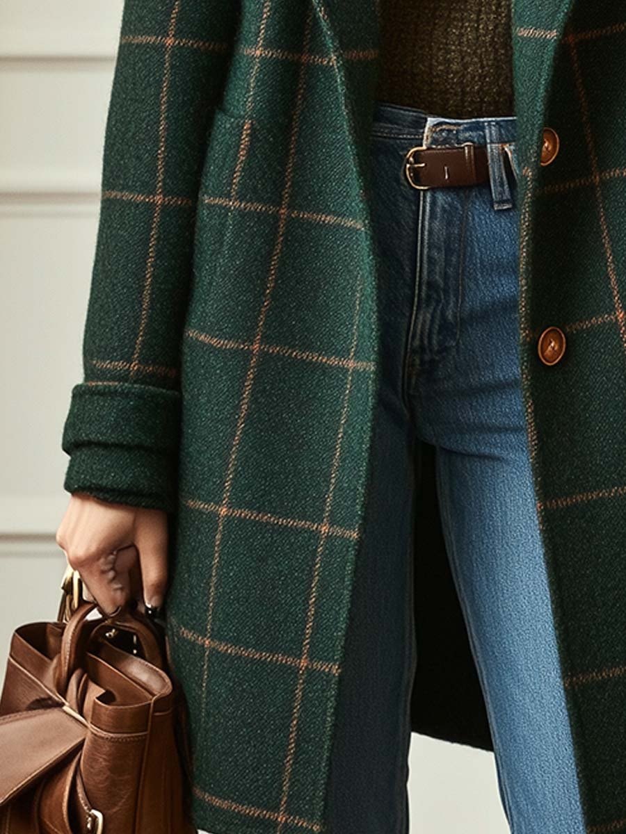 Women's Plaid Double-Breasted Mid-Length Winter Coat in Wool Blend