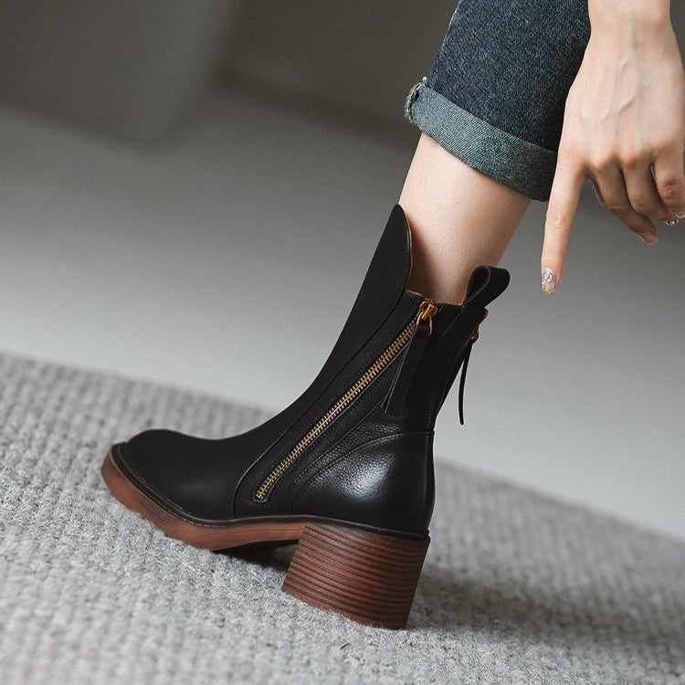 Bellora Leather Ankle Boots with Side Zipper and Stacked Block Heel