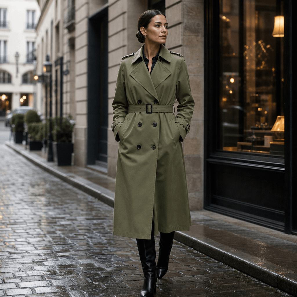 Mayfield Double-Breasted Belted Long Trench Coat with Tailored Waist for Women