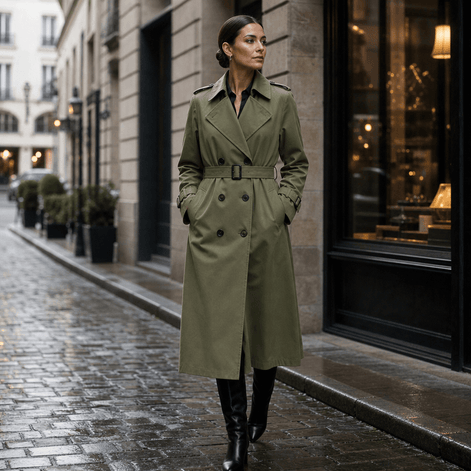 Mayfield Double-Breasted Belted Long Trench Coat with Tailored Waist for Women