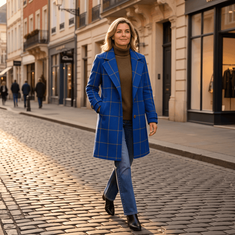 Women's Checkered Knee-Length Coat with Two-Button Front and Drop Shoulders
