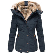 Faux Fur Hooded Puffer Winter Jacket with Detachable Trim for Women