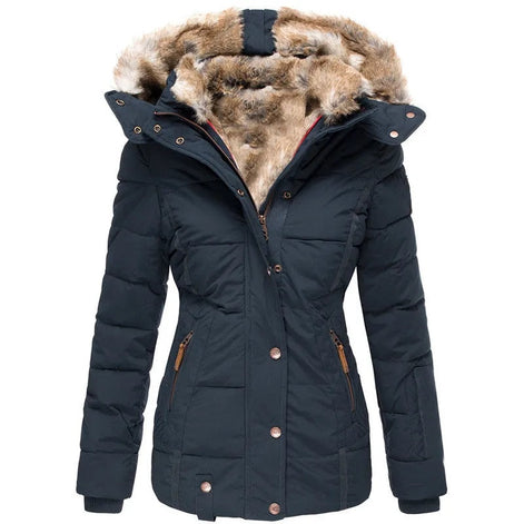 Faux Fur Hooded Puffer Winter Jacket with Detachable Trim for Women